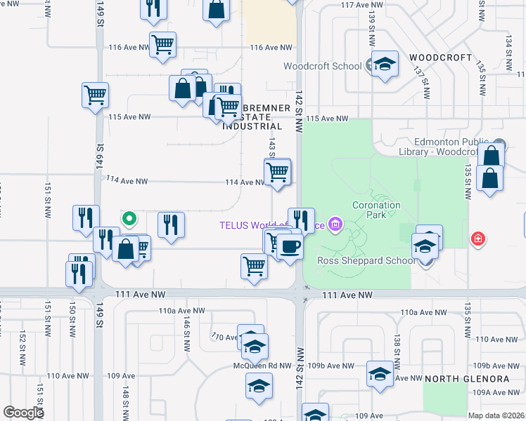 map of restaurants, bars, coffee shops, grocery stores, and more near 11314 143 Street Northwest in Edmonton