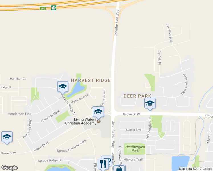 map of restaurants, bars, coffee shops, grocery stores, and more near 69 Huntington Crescent in Spruce Grove