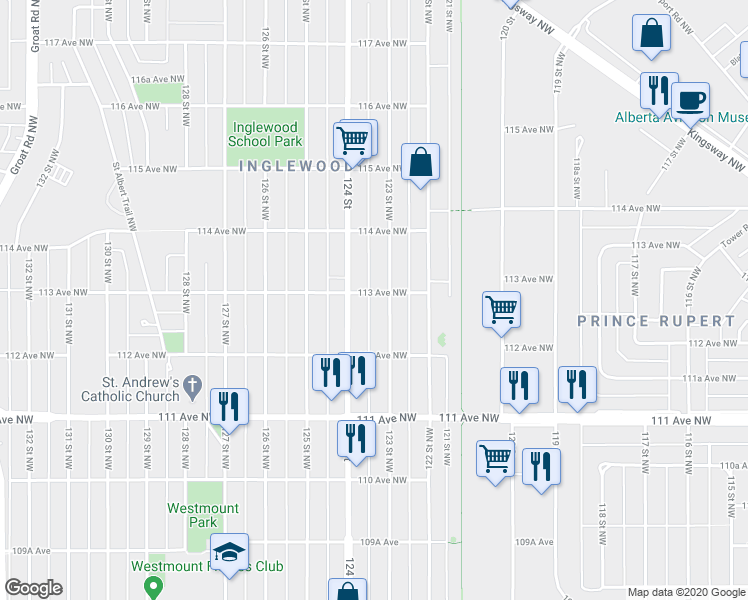 map of restaurants, bars, coffee shops, grocery stores, and more near 12305 113 Avenue Northwest in Edmonton