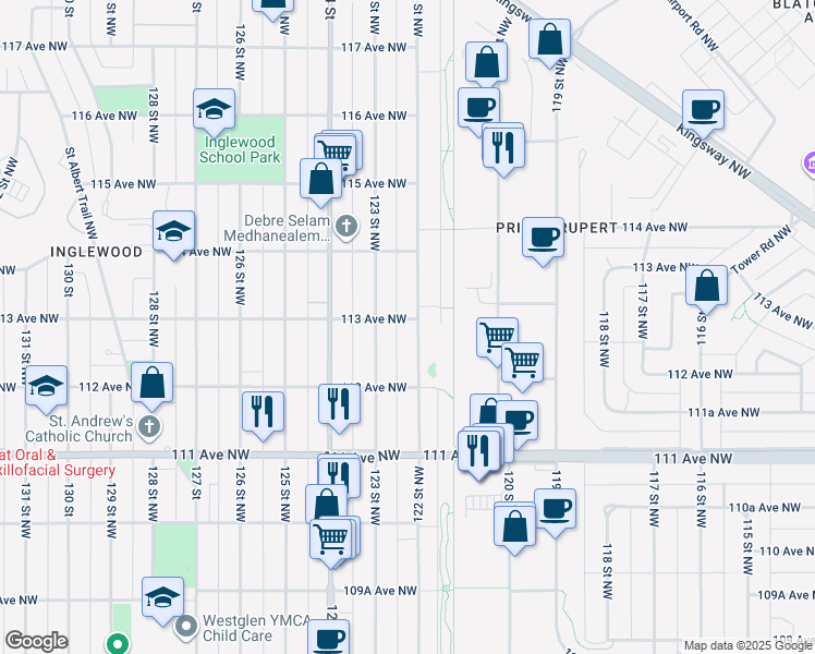 map of restaurants, bars, coffee shops, grocery stores, and more near 11249 123 Street Northwest in Edmonton