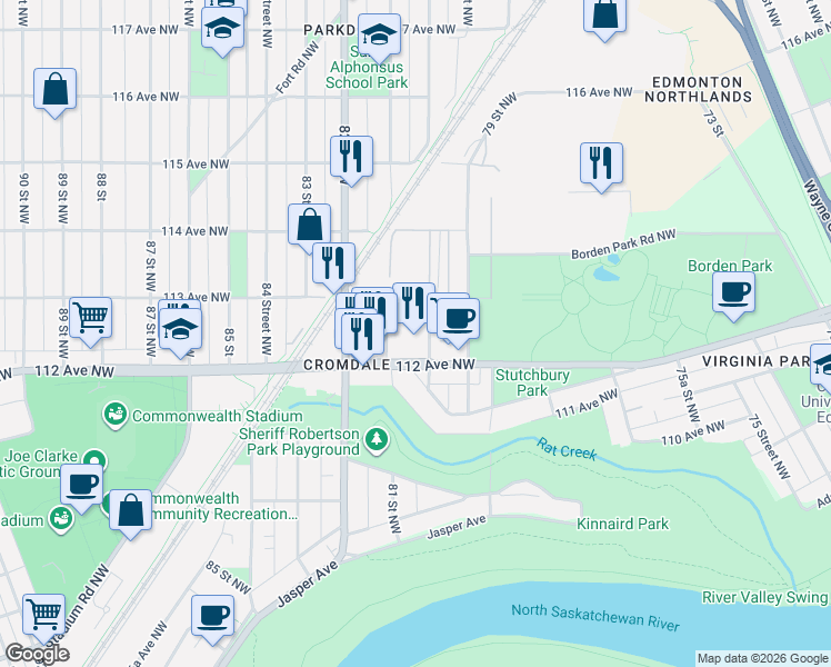 map of restaurants, bars, coffee shops, grocery stores, and more near 11214 80 Street Northwest in Edmonton