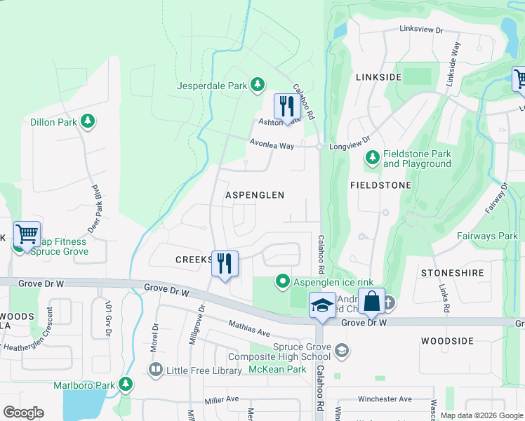 map of restaurants, bars, coffee shops, grocery stores, and more near 51 Aspenglen Place in Spruce Grove