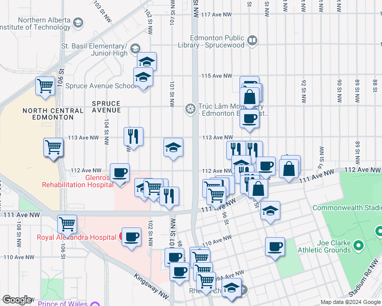 map of restaurants, bars, coffee shops, grocery stores, and more near 11228 97 Street Northwest in Edmonton