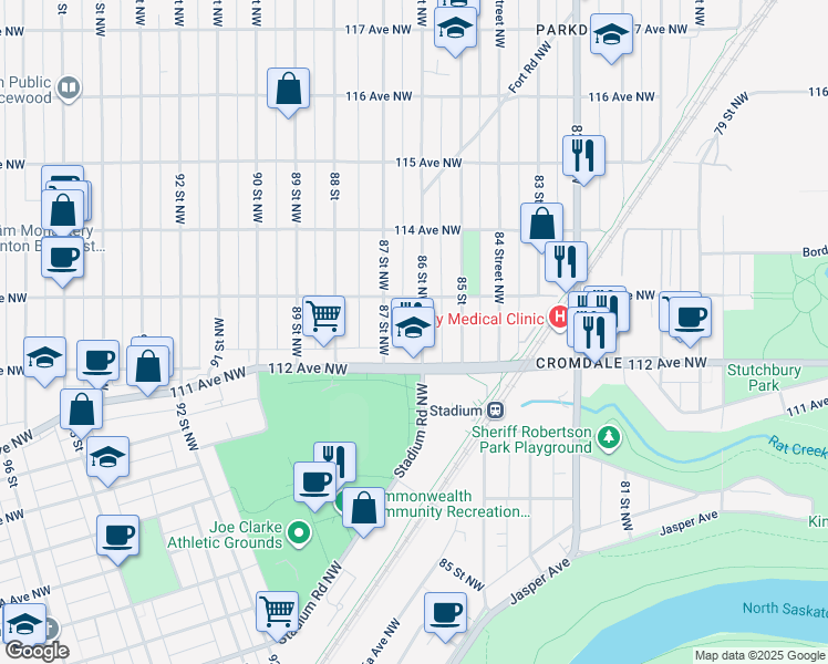 map of restaurants, bars, coffee shops, grocery stores, and more near 11228 86 Street Northwest in Edmonton