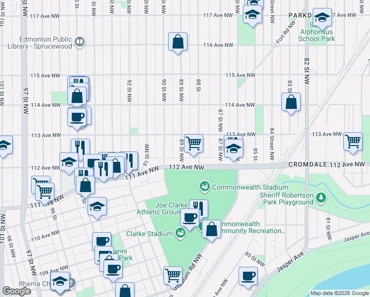 map of restaurants, bars, coffee shops, grocery stores, and more near 11229 89 Street Northwest in Edmonton