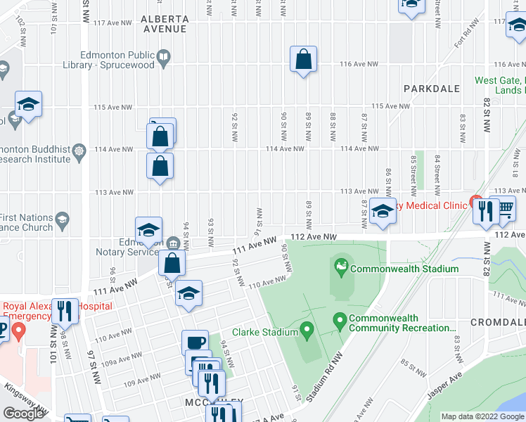 map of restaurants, bars, coffee shops, grocery stores, and more near 11231 91 Street Northwest in Edmonton
