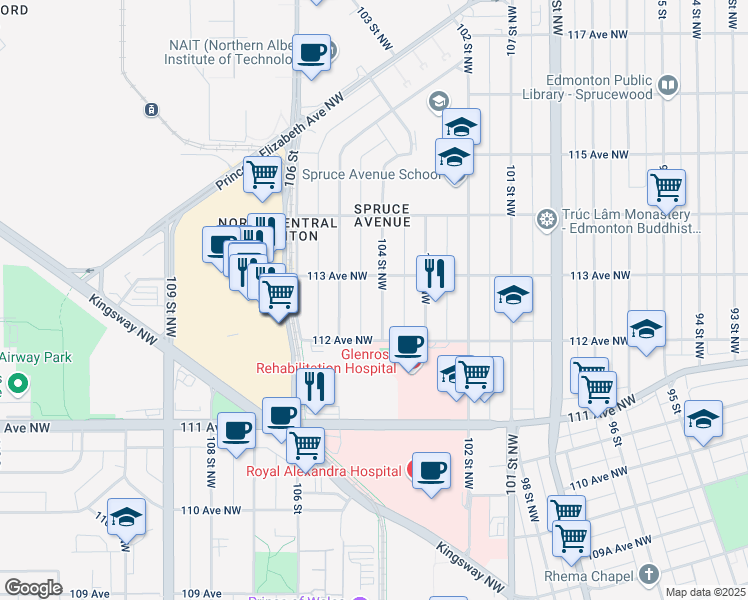 map of restaurants, bars, coffee shops, grocery stores, and more near 11230 104 Street Northwest in Edmonton
