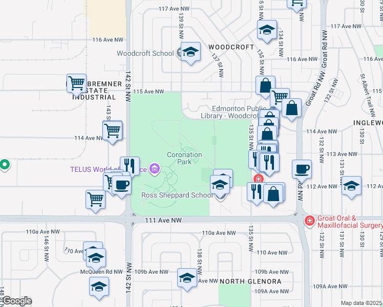 map of restaurants, bars, coffee shops, grocery stores, and more near 13500 112 Avenue Northwest in Edmonton