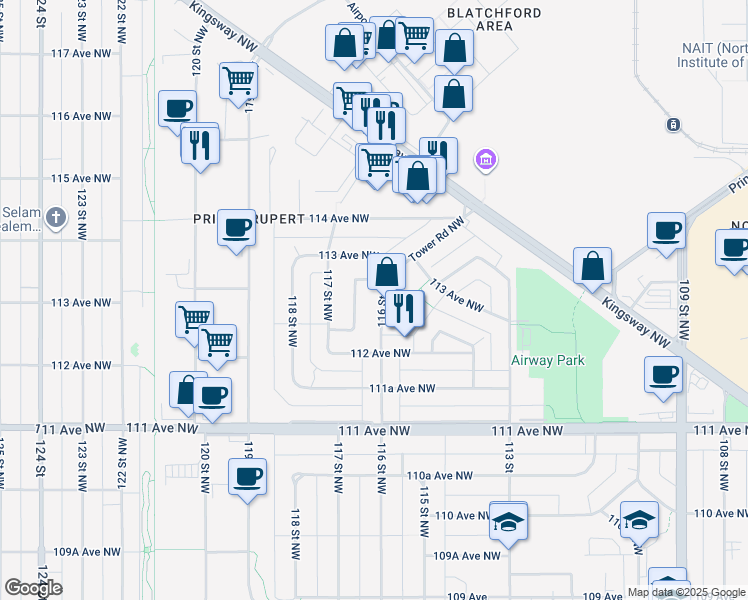 map of restaurants, bars, coffee shops, grocery stores, and more near 11234 116 Street Northwest in Edmonton