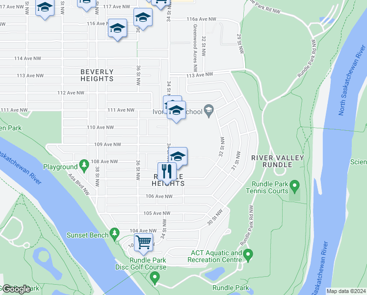 map of restaurants, bars, coffee shops, grocery stores, and more near 10805 34 Street Northwest in Edmonton