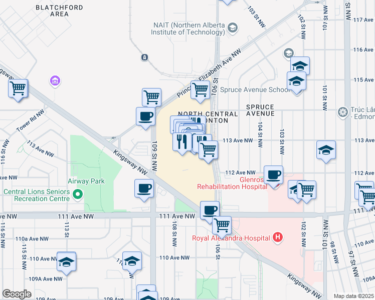 map of restaurants, bars, coffee shops, grocery stores, and more near 109 Princess Elizabeth Avenue Northwest in Edmonton