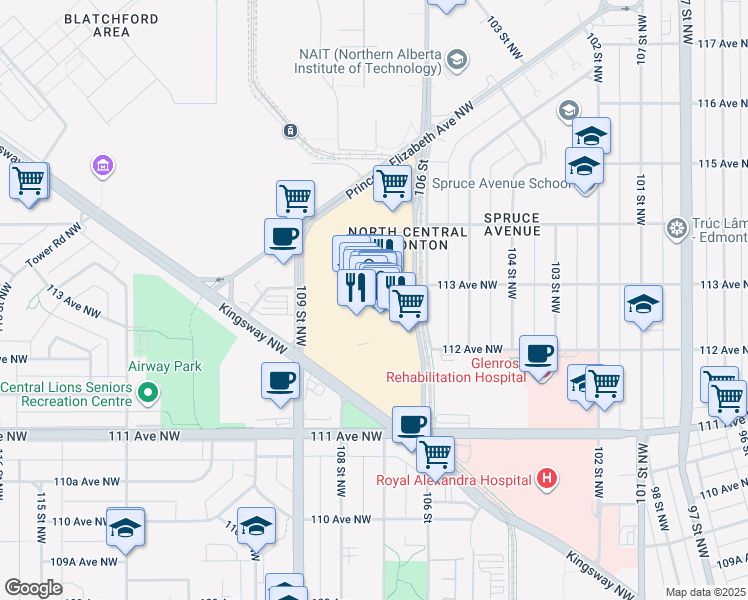 map of restaurants, bars, coffee shops, grocery stores, and more near 109 Princess Elizabeth Avenue Northwest in Edmonton