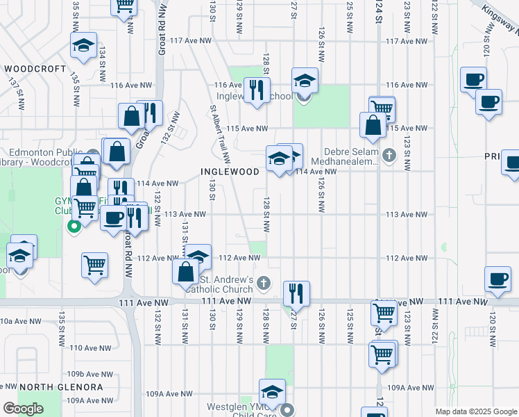 map of restaurants, bars, coffee shops, grocery stores, and more near in Edmonton