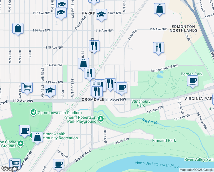 map of restaurants, bars, coffee shops, grocery stores, and more near 11214 80 Street Northwest in Edmonton