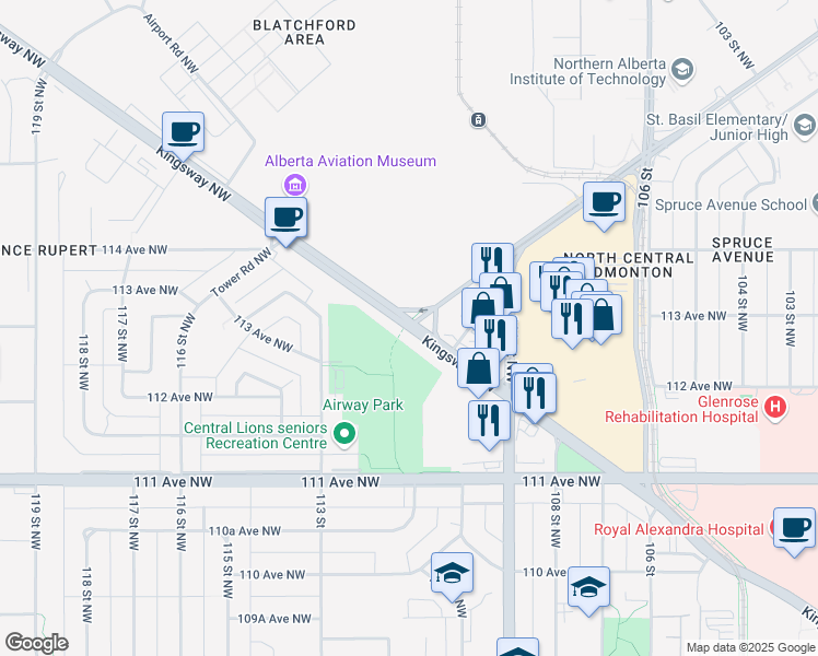 map of restaurants, bars, coffee shops, grocery stores, and more near Kingsway NW & Princess Elizabeth Ave NW in Edmonton