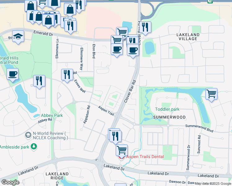 map of restaurants, bars, coffee shops, grocery stores, and more near 2336 Aspen Trail in Sherwood Park