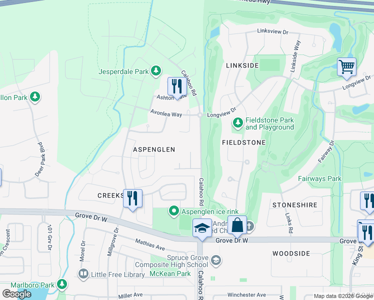 map of restaurants, bars, coffee shops, grocery stores, and more near 1005 Calahoo Road in Spruce Grove