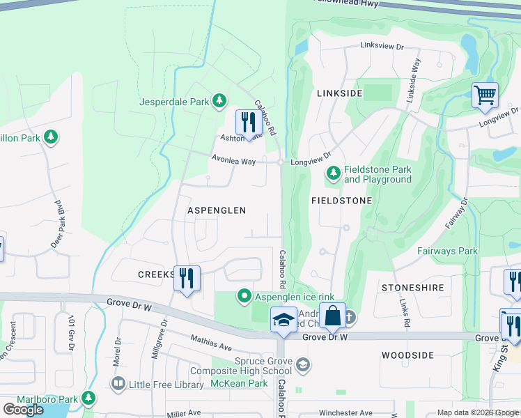 map of restaurants, bars, coffee shops, grocery stores, and more near 1005 Calahoo Road in Spruce Grove