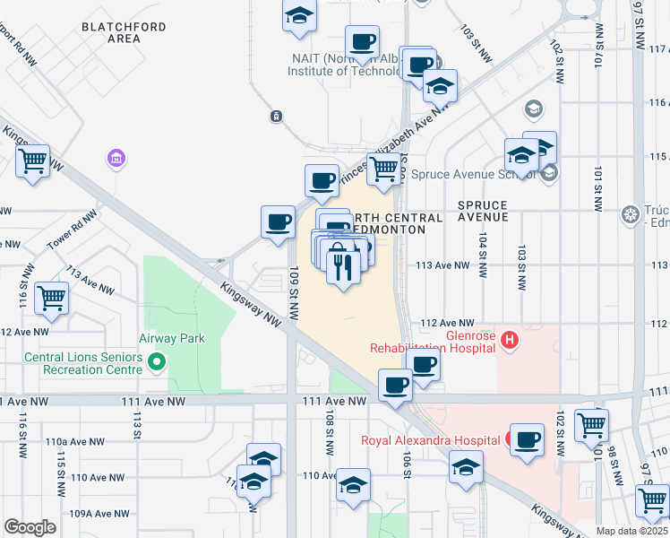 map of restaurants, bars, coffee shops, grocery stores, and more near 109 Princess Elizabeth Avenue Northwest in Edmonton