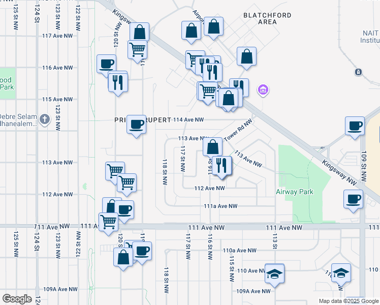 map of restaurants, bars, coffee shops, grocery stores, and more near 11235 117 Street Northwest in Edmonton