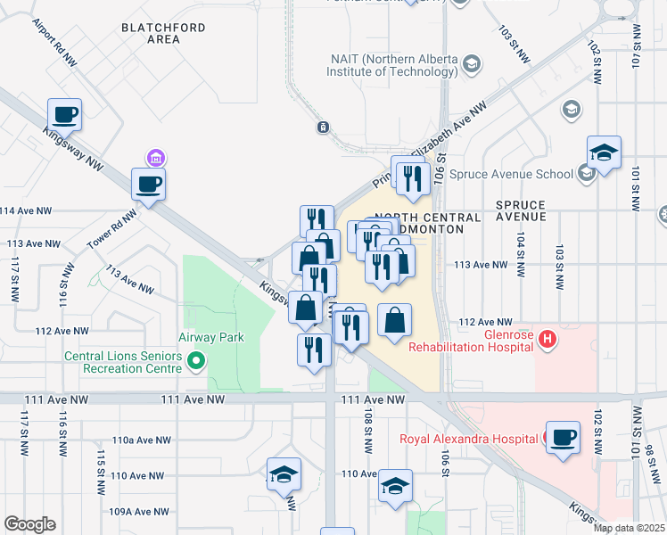 map of restaurants, bars, coffee shops, grocery stores, and more near 109 Street Northwest in Edmonton