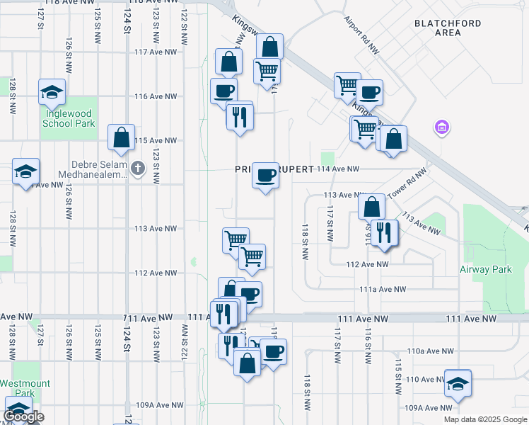 map of restaurants, bars, coffee shops, grocery stores, and more near 11240 119 Street Northwest in Edmonton