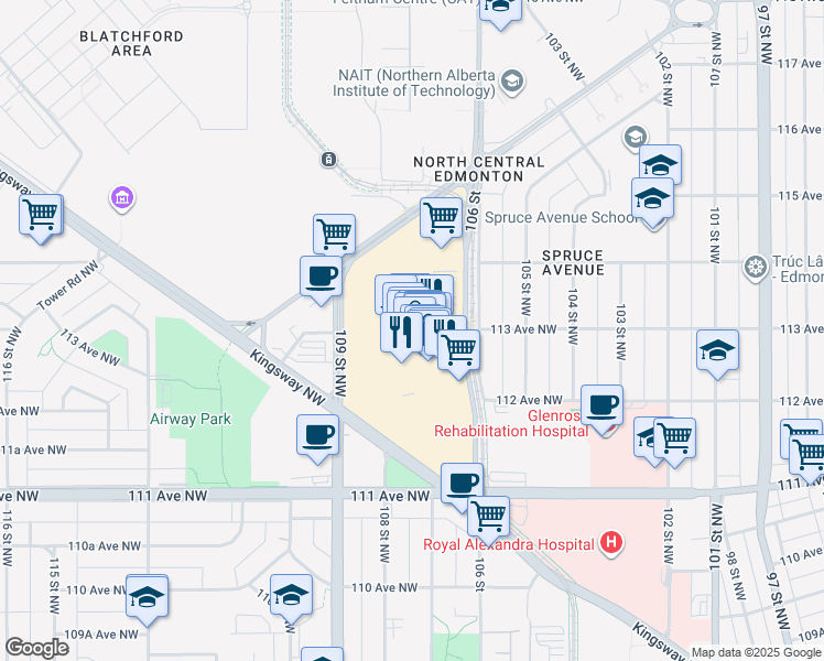 map of restaurants, bars, coffee shops, grocery stores, and more near Kingsway Garden Mall Northwest in Edmonton