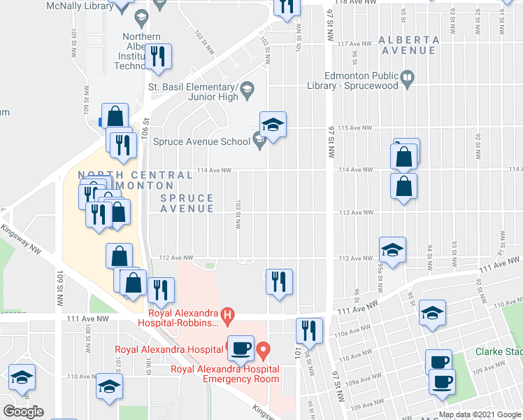 map of restaurants, bars, coffee shops, grocery stores, and more near 11328 102 Street Northwest in Edmonton