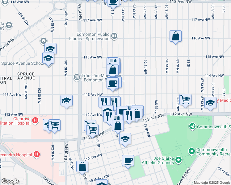 map of restaurants, bars, coffee shops, grocery stores, and more near 11369 95 Street in Edmonton