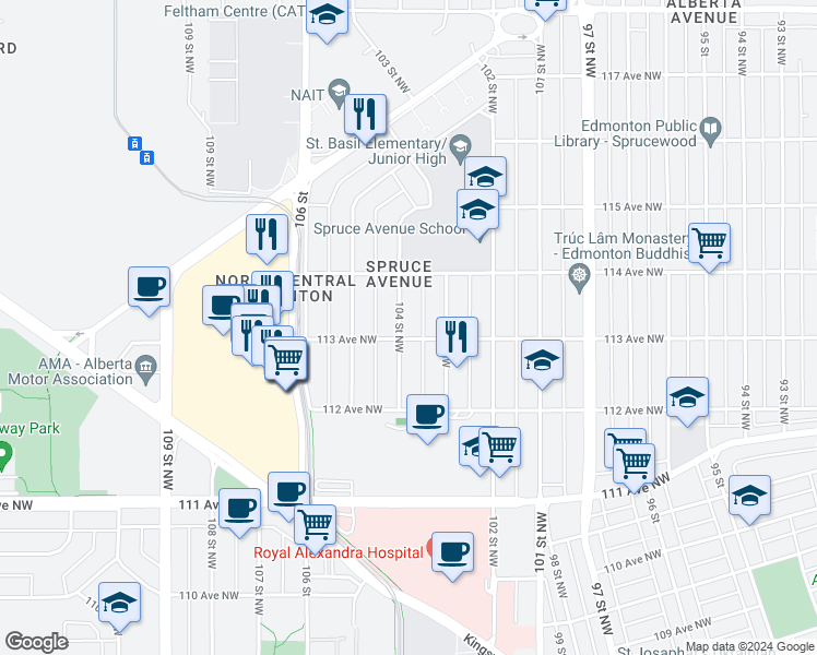 map of restaurants, bars, coffee shops, grocery stores, and more near 11307 104 Street Northwest in Edmonton