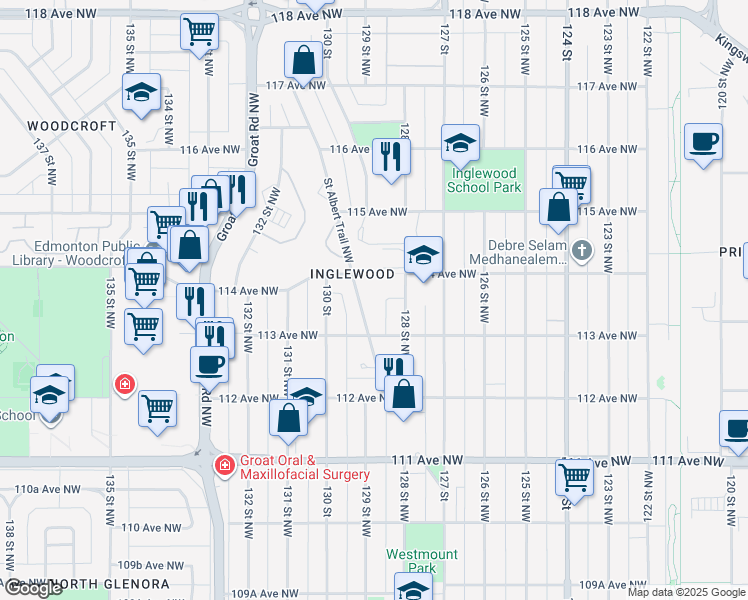 map of restaurants, bars, coffee shops, grocery stores, and more near 11331 Saint Albert Trail Northwest in Edmonton