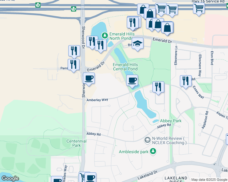 map of restaurants, bars, coffee shops, grocery stores, and more near 50 Ebony Boulevard in Sherwood Park