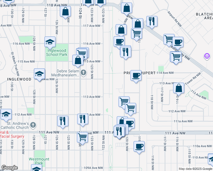 map of restaurants, bars, coffee shops, grocery stores, and more near 11335 122 Street Northwest in Edmonton