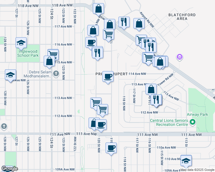 map of restaurants, bars, coffee shops, grocery stores, and more near in Edmonton