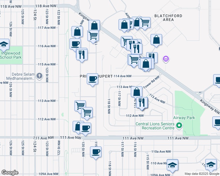 map of restaurants, bars, coffee shops, grocery stores, and more near 11198 118 Street Northwest in Edmonton