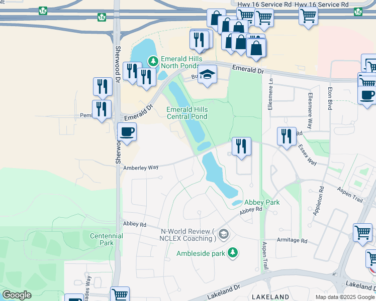 map of restaurants, bars, coffee shops, grocery stores, and more near 50 Ebony Boulevard in Sherwood Park