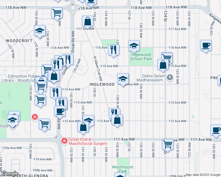 map of restaurants, bars, coffee shops, grocery stores, and more near 11331 Saint Albert Trail Northwest in Edmonton