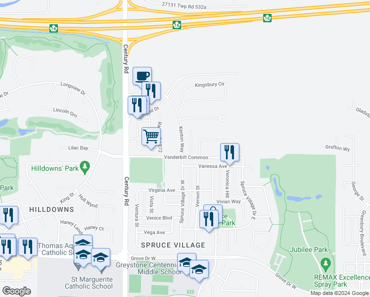 map of restaurants, bars, coffee shops, grocery stores, and more near 10 Kenton Way in Spruce Grove