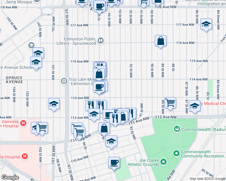 map of restaurants, bars, coffee shops, grocery stores, and more near 11323 94 Street Northwest in Edmonton