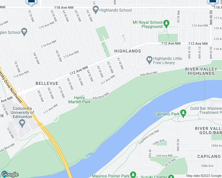 map of restaurants, bars, coffee shops, grocery stores, and more near 6226 Ada Boulevard Northwest in Edmonton