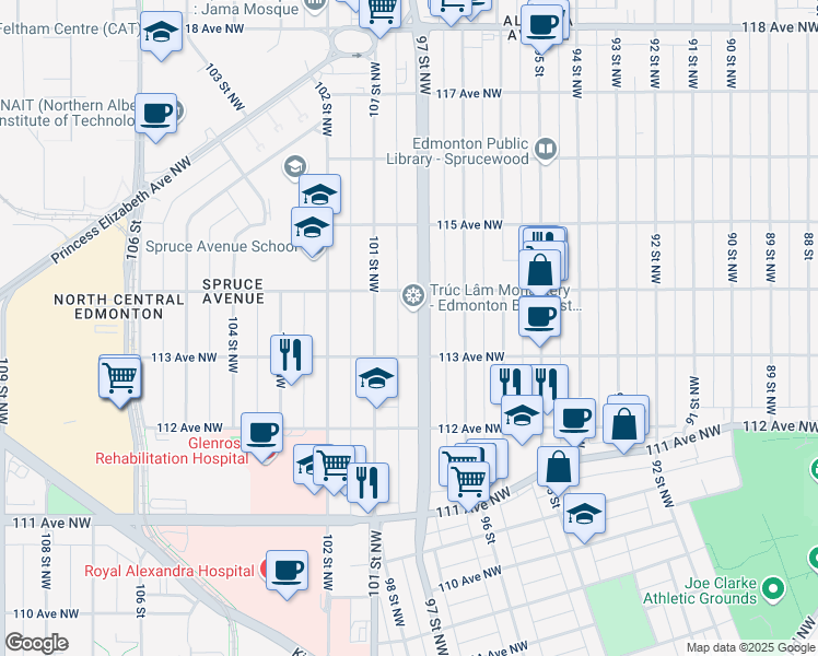 map of restaurants, bars, coffee shops, grocery stores, and more near 11329 101 Street Northwest in Edmonton