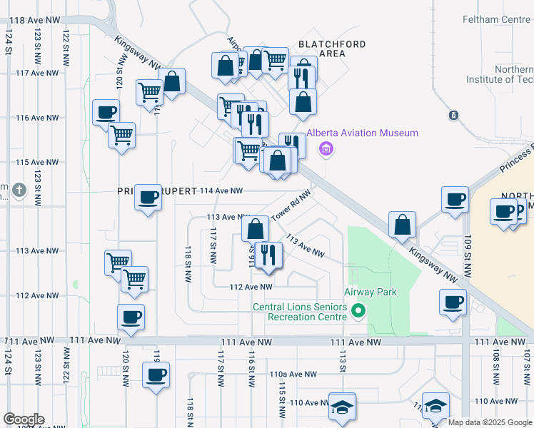 map of restaurants, bars, coffee shops, grocery stores, and more near 11502 Tower Road Northwest in Edmonton
