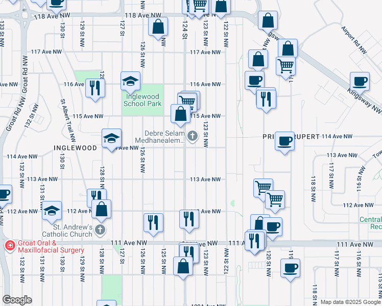 map of restaurants, bars, coffee shops, grocery stores, and more near 12311 114 Avenue Northwest in Edmonton