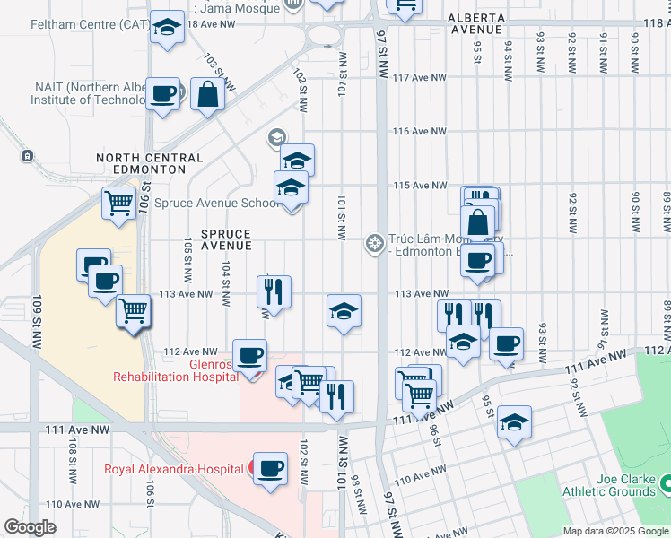 map of restaurants, bars, coffee shops, grocery stores, and more near 11322 101 Street Northwest in Edmonton