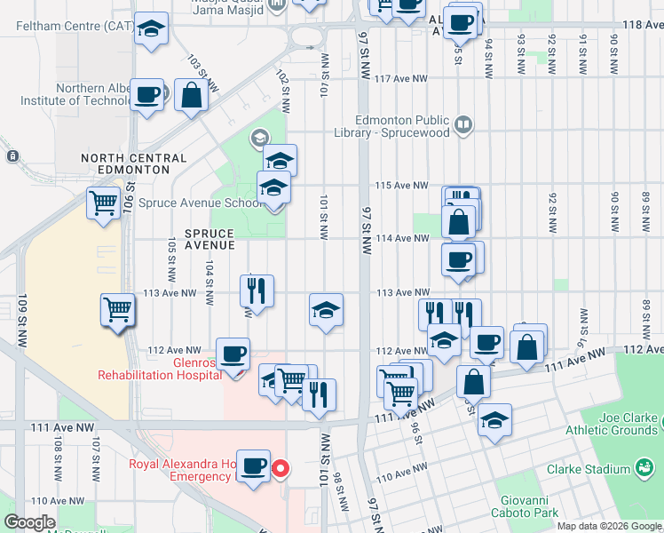 map of restaurants, bars, coffee shops, grocery stores, and more near 11329 101 Street Northwest in Edmonton