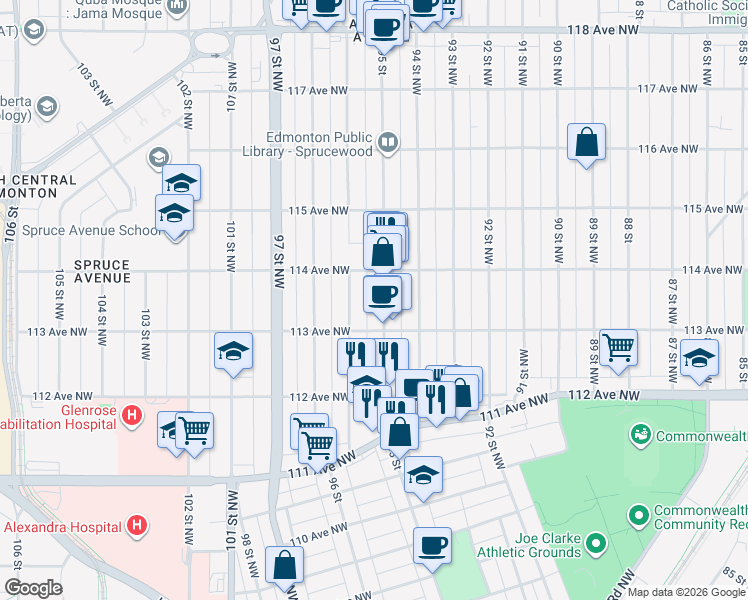 map of restaurants, bars, coffee shops, grocery stores, and more near 11369 95 Street in Edmonton