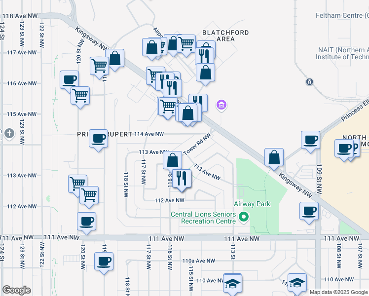 map of restaurants, bars, coffee shops, grocery stores, and more near 11502 Tower Road Northwest in Edmonton