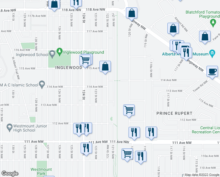 map of restaurants, bars, coffee shops, grocery stores, and more near 11335 122 Street Northwest in Edmonton