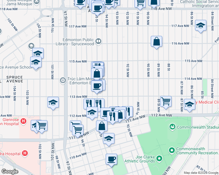 map of restaurants, bars, coffee shops, grocery stores, and more near 11323 94 Street Northwest in Edmonton
