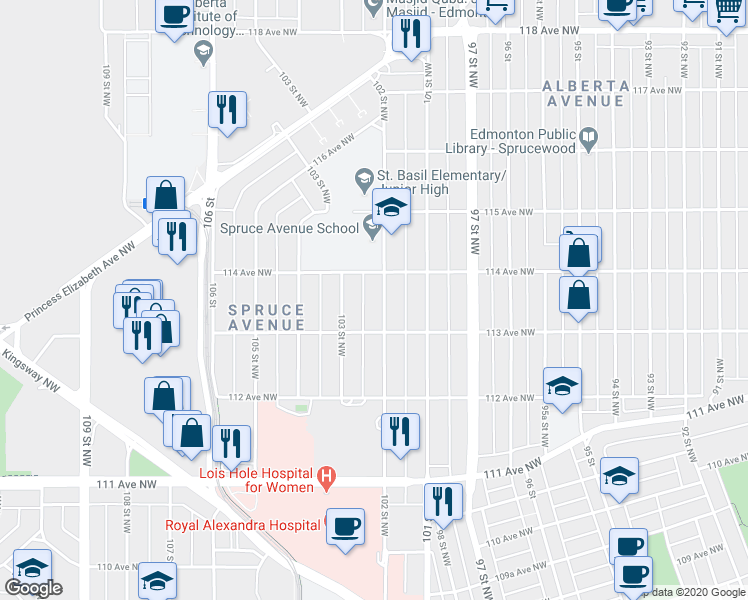 map of restaurants, bars, coffee shops, grocery stores, and more near 11328 102 Street Northwest in Edmonton